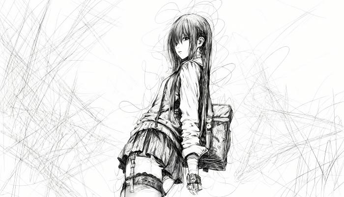 动漫 jk 制服 动漫 少女 手绘 素描 黑白 电脑桌面