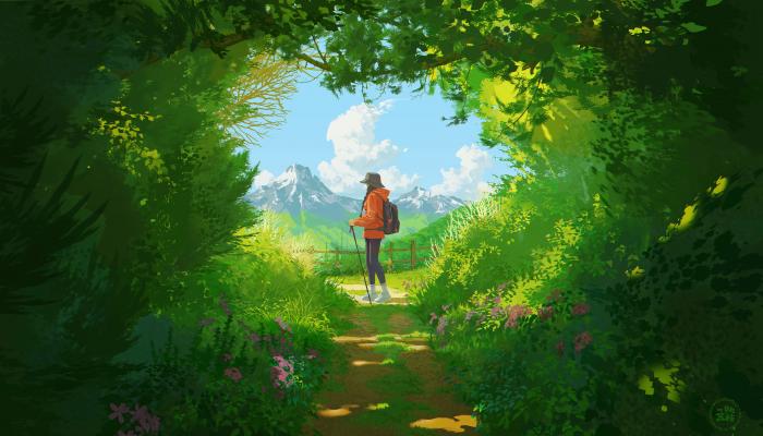 电脑壁纸 动漫 女性 户外 插图绘画 风景 阳光 云朵 山脉 绿色树叶植物 小径 4K高清壁纸 电脑桌面 高清壁纸 壁纸下载 壁纸大全